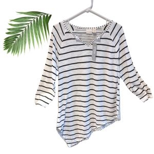 Chico’s Size 2 Double Striped Asymmetrical Top White Black 3/4 Sleeve Co…